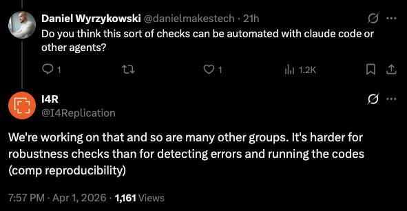 Tweet z odpowiedzią od I4Replication na pytanie o automatyzację weryfikacji